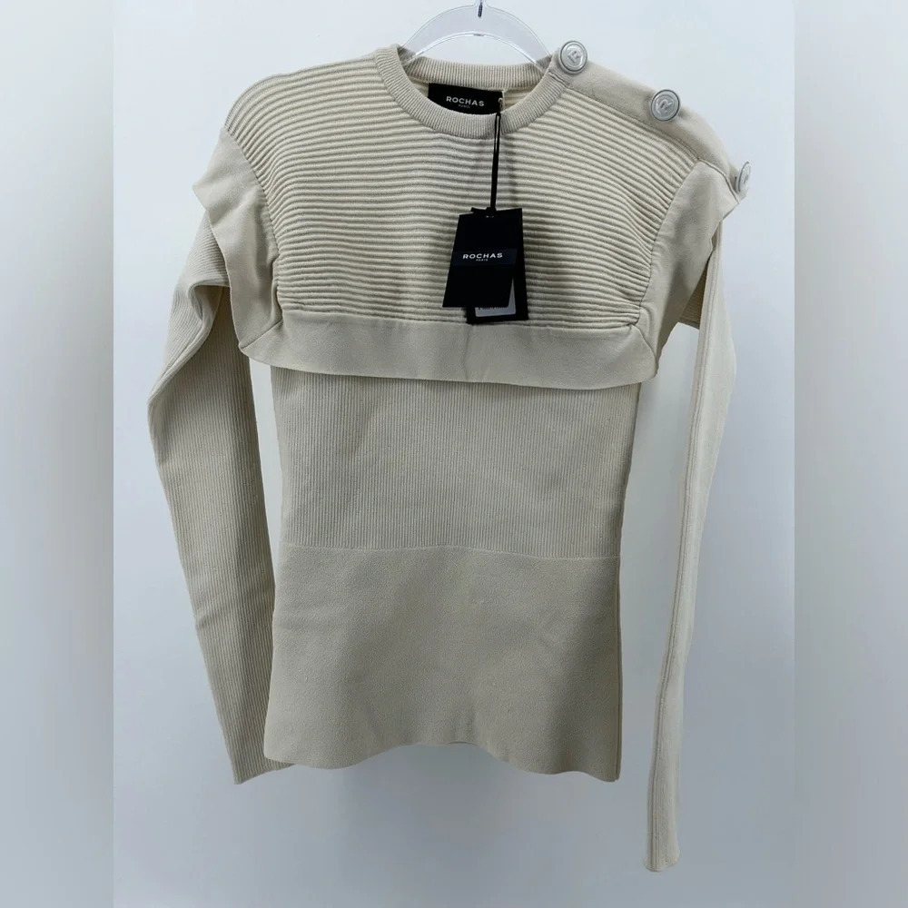 Rochas Crewneck  L/S Ribbed Sweater Stella Ivory Size Small *NWT Some Stains